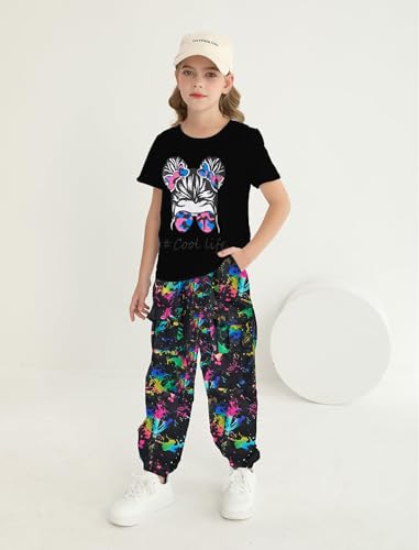 Image of Girl Clothes Cute Cool Girl Tops Splicing Pants 2 Piece Girls Summer Outfits 6-14 Years
