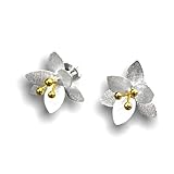 925 Sterling Silber MadamLili - Silber Ohrstecker 3D Blumen - 925 Sterling - Bicolor Staubblätter Vergoldet - 1,5 cm Klein - Blüten Naturschmuck - Handgefertigt Matt - Exklusive Schmuckbox