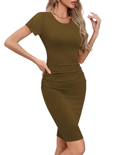 Image of Missufe Women's Long Sleeve Slim Ruched Bodycon Dress 2025 Trendy Fall Casual Round Neck Sheath Knee Length Outfits Clothes
