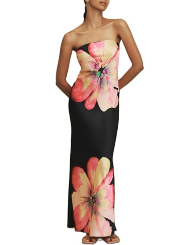 Image of Women Y2k Strapless Maxi Dress Floral Print Tube Long Dress Boho Beach Sundress Going Out Streetwear