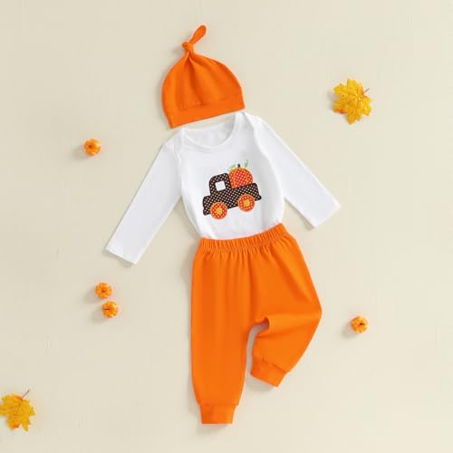 Thorn Tree Baby Boy Halloween Outfit Pumpkin Truck Embroidered Romper Solid Elastic Waist Pants Knot Hat Infant Fall Clothes3