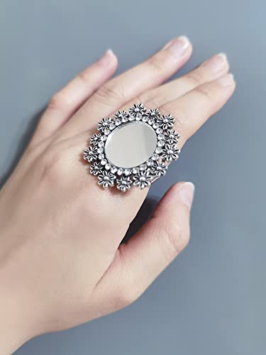 Vintage CZ Round Mirror Daisy Flower Ring for Women Girls Cubic Zirconia Adjustable Open Wrap Statement Rings Comfort Fit Retro Holiday Wedding Birthday Y2K Party Jewelry Gift Size 6-82