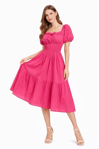 Image of BOOSTY Women's Puff Sleeve Smocked Midi Dress, Square Neck A-Line Dress