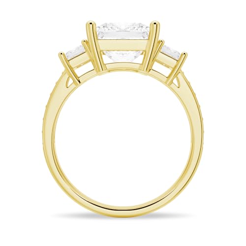 MSBLUE® Three Princess Cut Moissanite Engagement Ring with Pave, 14K Gold Vermeil, Rhodium Finish2