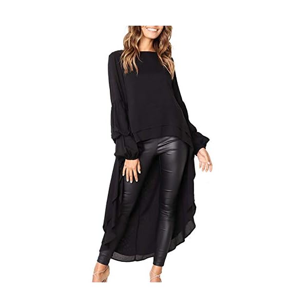 PRETTYGARDEN-Womens-Lantern-Long-Sleeve-Round-Neck-High-Low-Asymmetrical-Irregular-Hem-Casual-Tops-Blouse-Shirt-Dress PRETTYGARDEN Women's Lantern Long Sleeve Round Neck High Low Asymmetrical Irregular Hem Casual Tops Blouse Shirt Dress (Black,X-Large)
