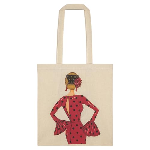 IllustrArte Bolsa Tote Cádiz Diseño Flamenca “María rojo” | Algodón 135 g/m² (38 x 42 cm) | Asas Largas de 60 cm | Impresión en un Lado | Bolsa Reutilizable y Ligera (Soporta hasta 5 kg)