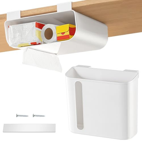 Poeland Multi-Purpose Over Cabinet Door Organizer, Under-Shelf Storage Organizer for Kitchen Wraps, Foils, and Paper Towel Dispenser, 1 Adhesive Pad and 2 Screws Included (White)