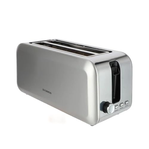 DYCEROS Grand Grille-Pain en Inox 1400W Série 700-4 Tranches - Brunissage réglable - Décongélation Réchauffage Annulation - Fentes Longues & Hautes - Ramasse-miettes Extractible - Marque Française.