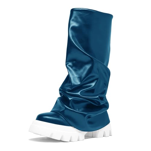 driceic Women's Blue Platform Round Toe Fold Over Boots Metallic Mid Calf Boots Chunky Heel Pull-On Fashion Shark Booties for Ladies Party Shoes 9
