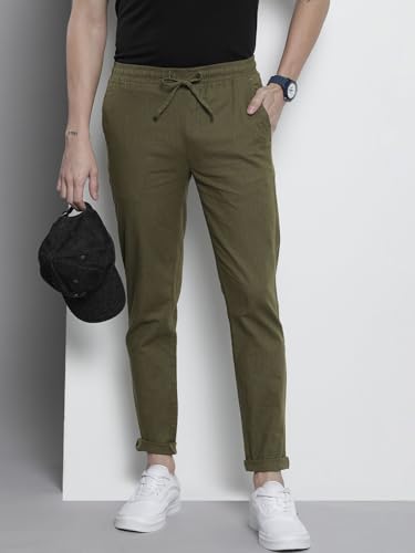 Image of The Indian Garage Co Men Slim Fit Solid Mid-Rise Elasticated Linen Jogger Trouser