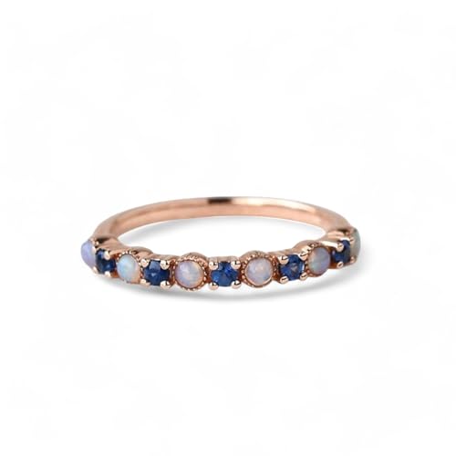 Fire Opal Sapphire Wedding Band Blue Sapphire Half Eternity Ring Dainty Opal Stacking Ring Vintage Stackable Ring Women Anniversary Ring Valentine Day Gift For Her