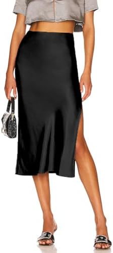 Womens Satin Skirts Casual Silk High Waist Slit Midi Skirt Elasti...