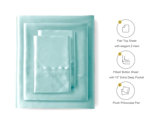 Image of Lanest Housing Silk Satin Sheets, Queen Size Satin Bed Sheet Set with Deep Pockets, Cooling Soft and Hypoallergenic Sheets Queen - Aqua