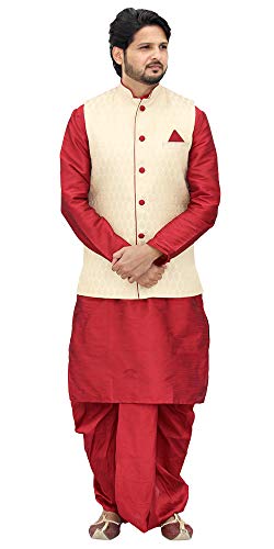 Image of Red Kurta Dhoti With Golden Jacket
