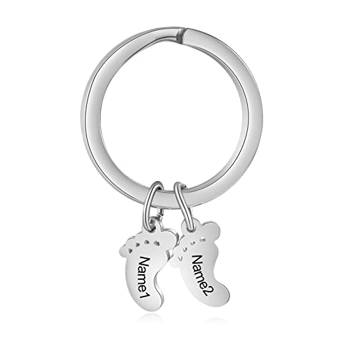 kaululu Personalisierte Fußsohlen Schlüsselanhänger mit Namen Edelstahl Keychain Schlüsselbund Geschenke Geschenk für Familie Eltern Kinder Silber 1 Namen