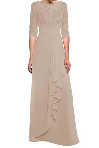 Mother of The Bride Dresses Laces Appliques 3/4 Sleeve Chiffon Ruched Formal Evening Gown for Wedding