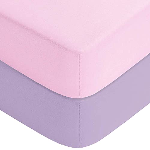 Image of Yoofoss Baby Crib Sheets for Boys Girls, Fitted Crib Sheet 2 Pack for Standard Crib and Toddler Mattress, Super Soft Microfiber Baby Sheet 28x52x8in(Pink-Purple)