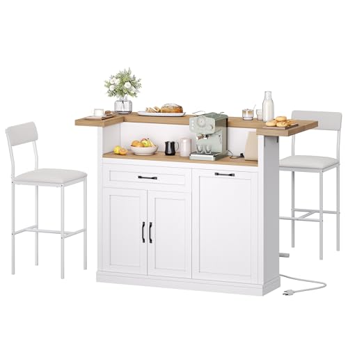 Homiflex Bar Table with Stools, 55' Wide Breakfast Bar Table with Storage, Bar Height Table and...