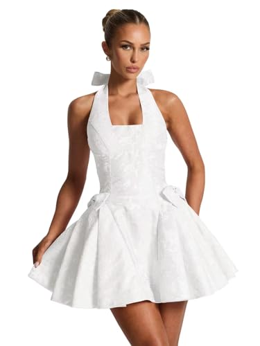 Satin Jacquard Halter Homecoming Dresses with Bow for Teens Mini A-Line Puffy Cocktail Corset Evening Party Gown