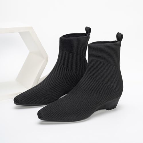 Women's Kitten Heels Ankle Boots Pointed Toe Sock Knit Low Heel Fall Booties4