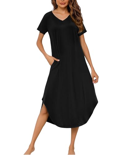 Marvmys Chemise de Nuit Femme Manches Courtes Grande Taille Nuisette Femmes col V Vetements De Nuit Coton Robe de Nuit avec Poches L-4XL