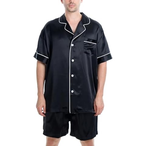 OSCAR ROSSA Men's Luxury Silk Sleepwear 100% Mulberry Silk Short Sleeve Top Boxer Short Pajamas Set, Solid Black, L Cover