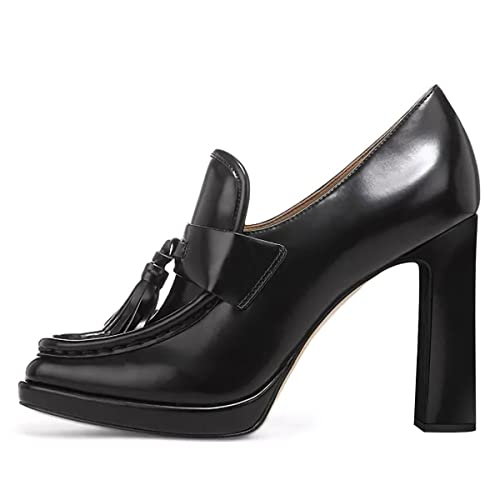 YDN Women Tassel Square Toe Penny Loafers Platform Chunky High Heel Pumps Slip on Work Office Outift Shoes Size 4-15 US4