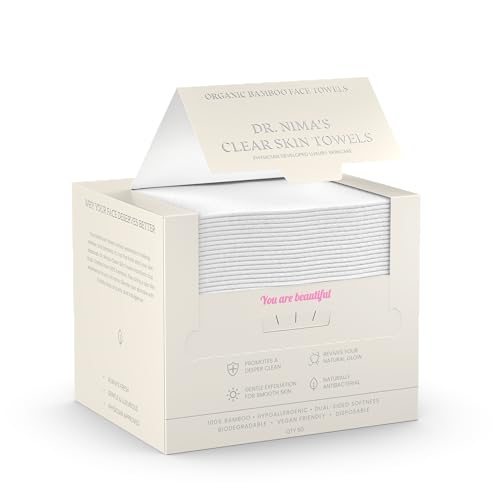 Dr. Nima's Clear Skin Towel, Organic Bamboo Face Towel, Physician Created Luxury Skin Care, Disposable Face Towel, Makeup Remover Dry Wipes, Ultra Soft, 1 Pack, 50 Ct