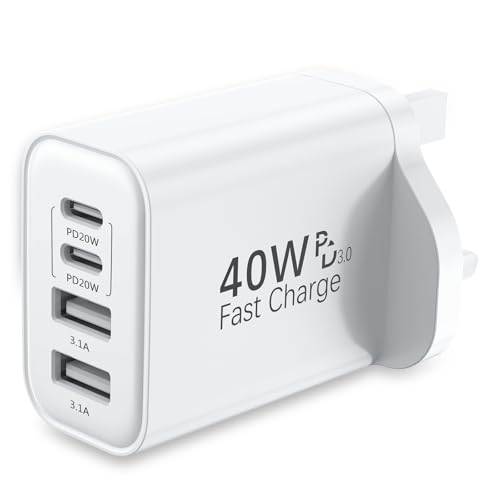 USB C Plug Fast Charge, 40W 4-Port Fast charger Plug, UK Dual Port PD Power Adapter +QC Wall Plug Multiport Mains Type C Phone Charger Plug for iPhone 16 16Pro 16ProMAX 15 14 13 Samsung (White)