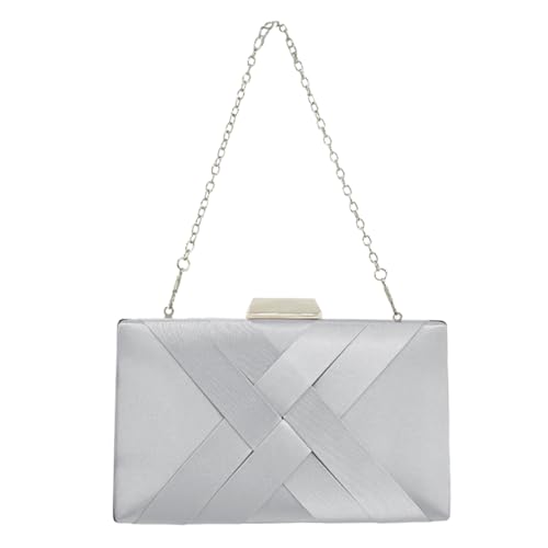 Bolsa Clutch Festa Feminina Prata Poliéster Padrão Entrelaçado Mão Ombro Transversal Com Correntes Removíveis