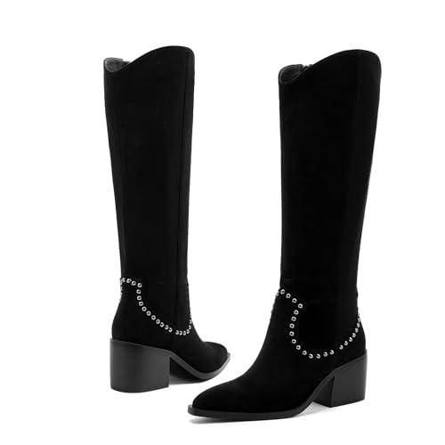 Image of GOSERCE Suede Knee High Boots for Women Pointed Toe Chunky Heel Tall Fall Boots Side Zipper with stud Details Black 10.5