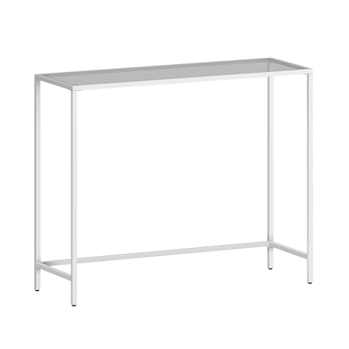 VASAGLE Konsolentisch, Beistelltisch, Oberfläche aus Hartglas, 35 x 100 x 80 cm, moderner Sofatisch, einfacher Aufbau, verstellbare Füße, Wohnzimmer, Flur, perlweiß-schiefergrau LGT026W01