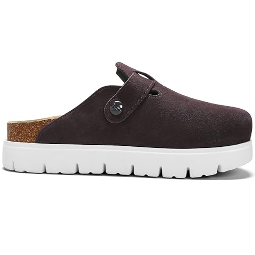 Image of Women's Suede Platform Clogs Leather Mules Slip On Indoor Outdoor Shoes | Arch Support, Cork Footbed, Adjustable Buckle,Water Resistant Upper,All Day Comfort