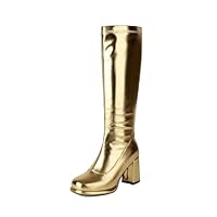 Generisch Boots Knee High Platform Leather Chunky Boots with High Heel and Zip, gold, 7 UK