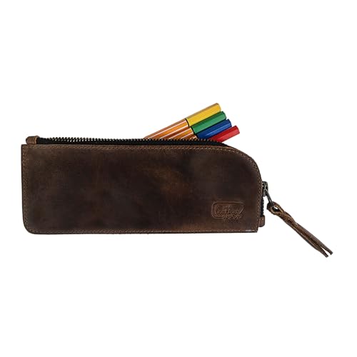 Image of Full Grain Leather Flat Pencil Pouch, Curved Pen and Marker Case for Men and Women, Zippered Bag for Work & Artists Accessories, Bourbon Brown