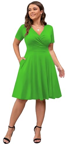 Image of POSESHE Womens Plus Size Dresses Summer Short Sleeve Wrap V-Neck Sundress Casual Wedding Guest Cocktail Dress with Pockets