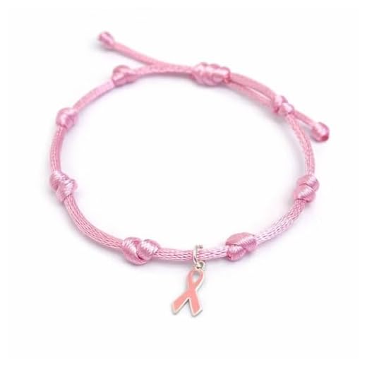 Handmade's Victim Pulsera contra el Cáncer de cordón rosa y lazo de plata esmaltado en rosa.