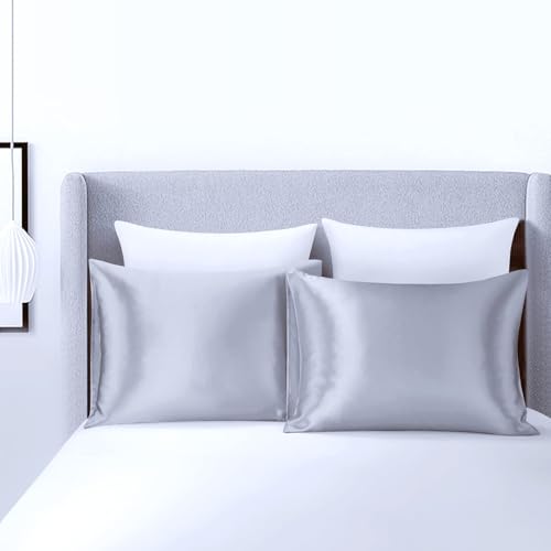 Image of JUWENIN,Silky Satin Pillowcases, Soft and Luxury, Pack of 2, Hidden Zipper (Queen, Silver)