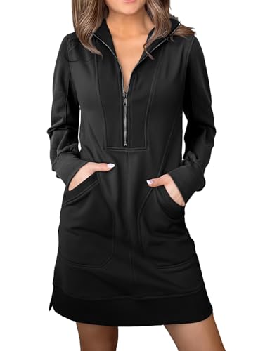 AlvaQ Sweatshirt Dress for Women Fall Winter Casual Long Sleeve Half Zip V Neck Pullover Tunic Tops Mini Dress with Pockets