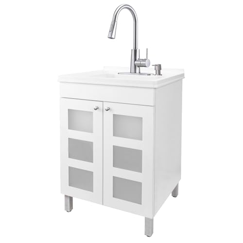 Image of Utility Sink with White Vanity Cabinet by JS Jackson Supplies, Stainless High-Arc Pull-Down Sprayer Faucet, Soap Dispenser and Spacious Vanity for Laundry Room