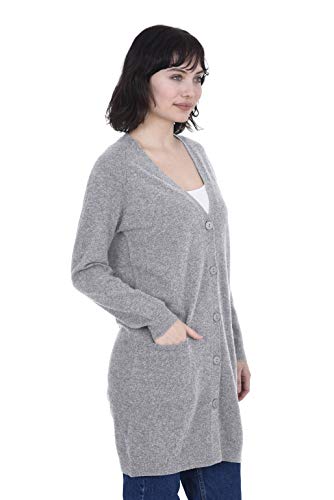 Image of Cashmeren Women's 100% Pure Inner Mongolian Cashmere Essential Long V-Neck Cardigan with Buttons and Pockets (Heather Grey, X-Large)