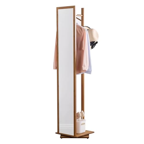 JIALAGESA 姿見 全身鏡 回転ミラーハンガー ハンガーラック 3 in 1収納付き 回転式 飛散防止 衣類収納 カバン収納 メイク 大容量収納 省スペース おしゃれ 木製 ナチュラル 幅37cm×奥行き37cm×高さ165cm