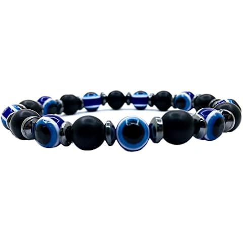 Natural Stone Bead Bracelet 8 mm Ball Bracelet with Matt Black Onyx, Nazar Boncuk Boese Eye Beads and Hematite Beads Bracelet for Family and Friends, Men and Women Cover