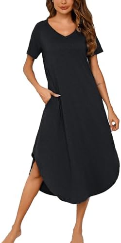 Nieery Nachthemd Damen Lang Baumwolle V-Ausschnitt Große Größen KurzeÄrmel | Lose Schlafshirt Nachtkleid Lässig Nachtwäsche mit Taschen S-3XL