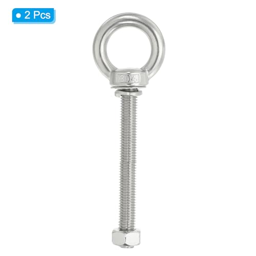 Image of PATIKIL M12 x 100mm Lifting Shoulder Eye Bolt, 2Pcs 304 Stainless Steel Lifting Ring Threaded Eyebolt with Nuts Washers for Hanging Hammocks Articles