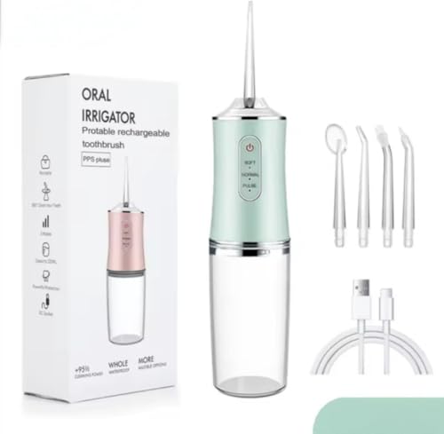 Irrigador oral portátil recargable, 3 modos, impermeable, con 4 boquillas y cable USB, verde