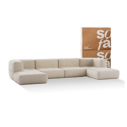 Sofá na Caixa modular 4 lugares em Boucle com 2 Chaise (Linho)