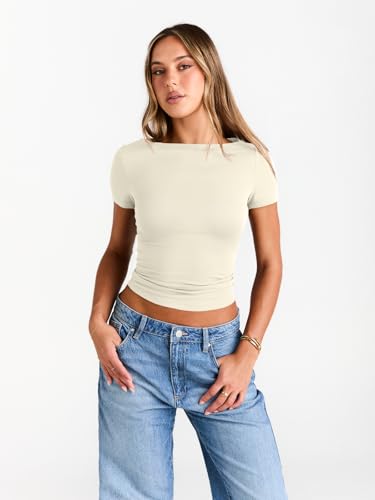 Image of Trendy Queen Womens Boat Neck Tops Short Sleeve Shirts | Compression Basic Tops,Y2K Aesthetic Slim Fit,Professional Business Casual, Polished Teacher Outfits