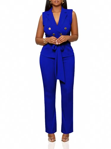 Womens 2 Piece Outfits Pants Suit V Neck Tie Waist Blazer Vest and Straight Pants Sets Business Casual Suits3