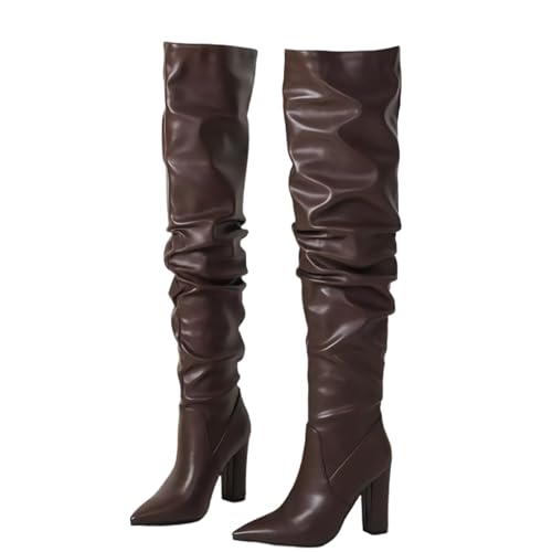 Botas de tacón Alto y Grueso, Puntera Puntiaguda, de un Solo Paso, por Encima de la Rodilla, de Piel sintética Arrugada, con Suela de Goma, Tacones Altos, elásticas,Marrón,35 EU